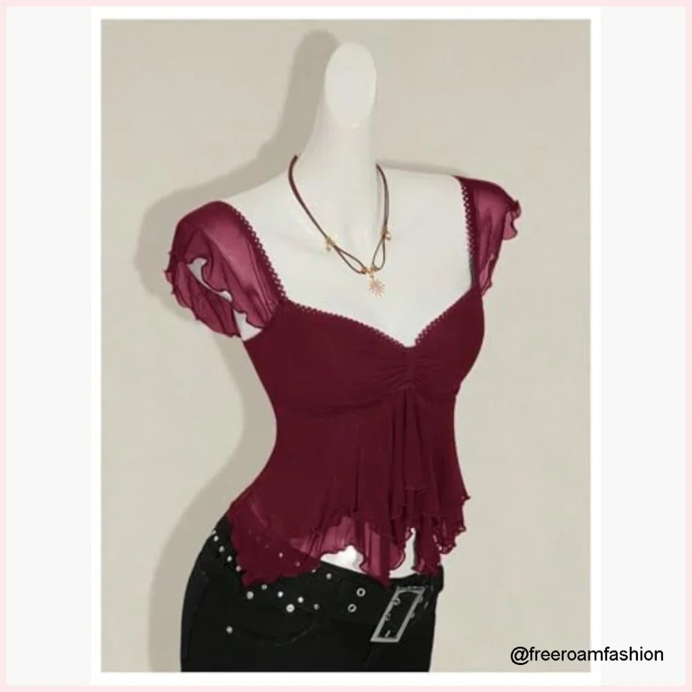 Sheer Mesh Ruffle Tank Top Sweetheart Neck Crop Top Slim Fit - Picture 3 of 5